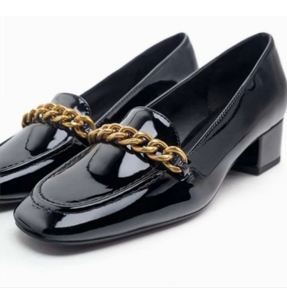 Zara black mid-height block heel chain loafers. Sz 8